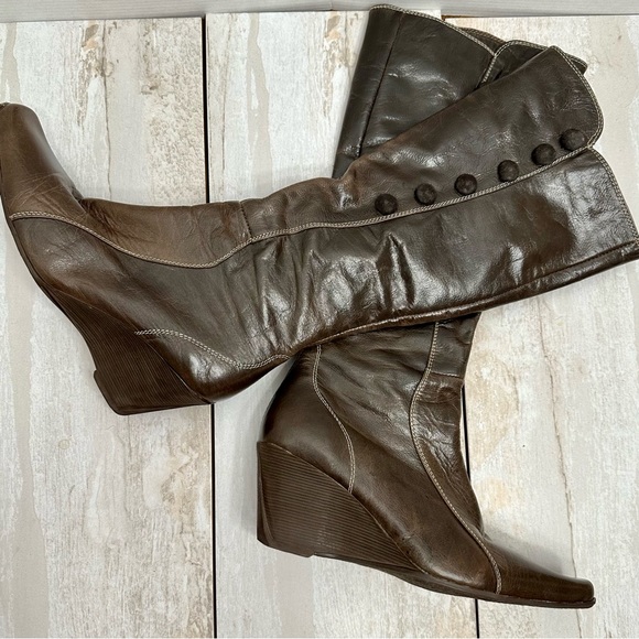 Tellenzi Womens Sz (37) 6 Wedge Heel Brown Leather Knee Boots Boho Witchy Strega - Picture 11 of 16